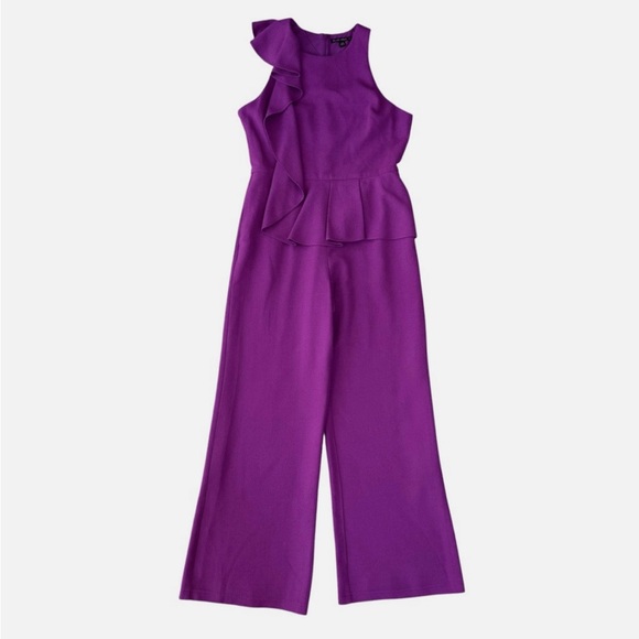 Black Halo Purple Ruffle Peplum Wide-Leg Jumpsuit - Picture 3 of 9